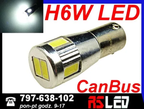 żarówka LED H6W bax9s przesunięte piny 6 x 5730 Power SMD 12v CANBUS