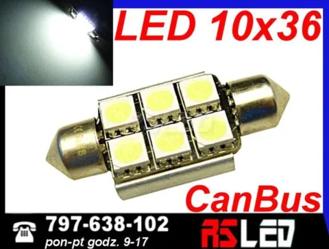 żarówka LED 6 LED Power SMD 10x36 mm 36mm biała zimna 12v canbus