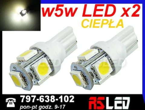 żarówka LED T10 5 SMD w5w w3w R10 biała CIEPŁA 12v EKO kpl 2 SZT