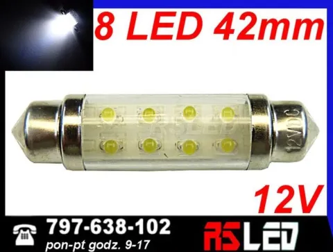 żarówka 8 LED 10x42 mm rurka 42mm biała zimna 12v