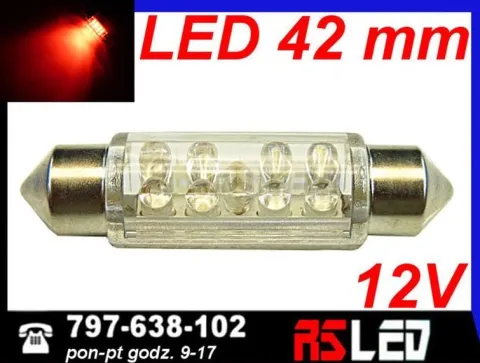żarówka 9 LED 10x42 mm rurka 42mm CZERWONA 12v