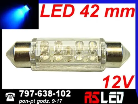 żarówka 9 LED 10x42 mm rurka 42mm NIEBIESKA 12v