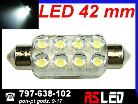 żarówka 8 LED 10x42 mm soczewki rurka 42mm biała zimna 12v