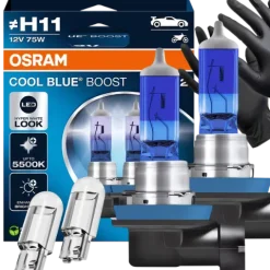 Żarówki Osram H11 Cool Blue Boost 5500K Białe + W5W Clear LED + Rękawiczki
