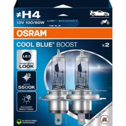 Żarówki Osram H4 Cool Blue Boost 5500K Białe + W5W Clear LED + Rękawiczki