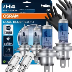 Żarówki Osram H4 Cool Blue Boost 5500K Białe + W5W Clear LED + Rękawiczki