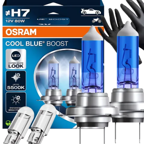 Żarówki Osram H7 Cool Blue Boost 5500K Białe + W5W Clear LED + Rękawiczki