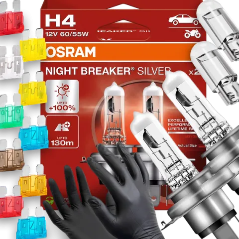 Żarówki Osram H4 Night Breaker Silver 100% W5W Led BEZPIECZNIKI Rękawiczki
