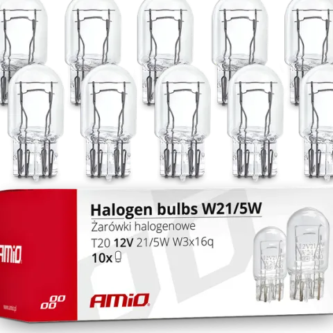 Żarówki W21/5W AMiO 21/5W 12V T20 Dwuwłóknowe Pozycja Dzienne Stop 10 szt