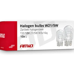 Żarówki W21/5W AMiO 21/5W 12V T20 Dwuwłóknowe Pozycja Dzienne Stop 10 szt