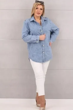 ASYMETRYCZNA JEANSOWA KOSZULA DUŻE ROZMIARY LUŹNA OVERSIZE ELEGANCKA