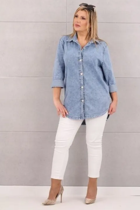 ASYMETRYCZNA JEANSOWA KOSZULA DUŻE ROZMIARY LUŹNA OVERSIZE ELEGANCKA