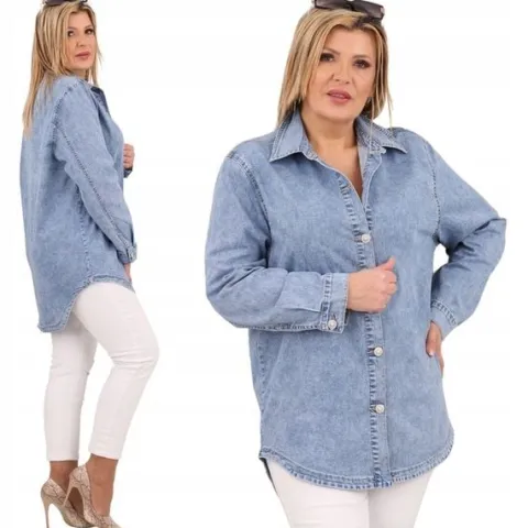 ASYMETRYCZNA JEANSOWA KOSZULA DUŻE ROZMIARY LUŹNA OVERSIZE ELEGANCKA