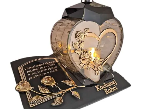 BABCIA BABCI ZNICZ LAMPION NA GRÓB SERCE I SERCE ZŁOT SKOS SENTENCJA+ŚWIECA