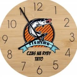 Bambusowy ZEGAR ścienny nadruk UV personalizowany PREZENT DLA TATY WĘDKARZA
