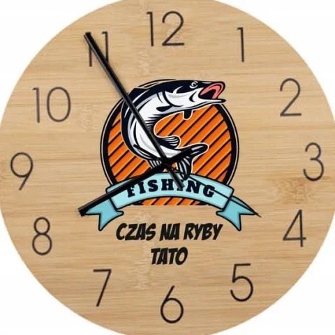 Bambusowy ZEGAR ścienny nadruk UV personalizowany PREZENT DLA TATY WĘDKARZA