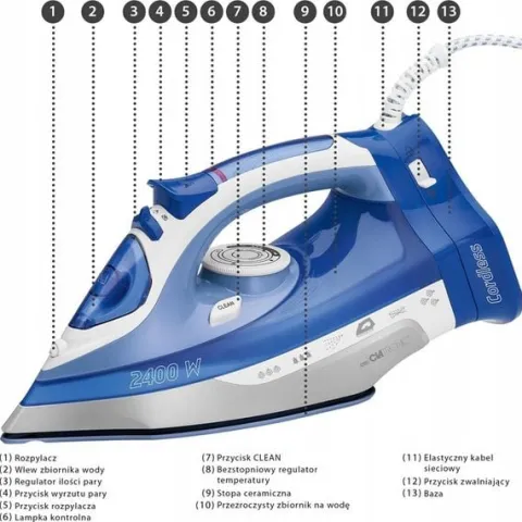 BEZPRZEWODOWE ŻELAZKO CERAMICZNE MOCNE 2400W 7 FUNKCJI CLATRONIC DB263858