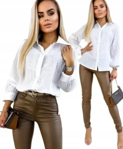 Biała KOSZULA DAMSKA bluzka elegancka stylowa zdobiona guziki haft