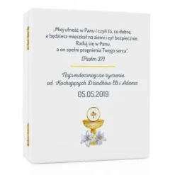 Biblia dla dziecka na prezent na KOMUNIĘ w drewnianej szkatułce+ NADRUK