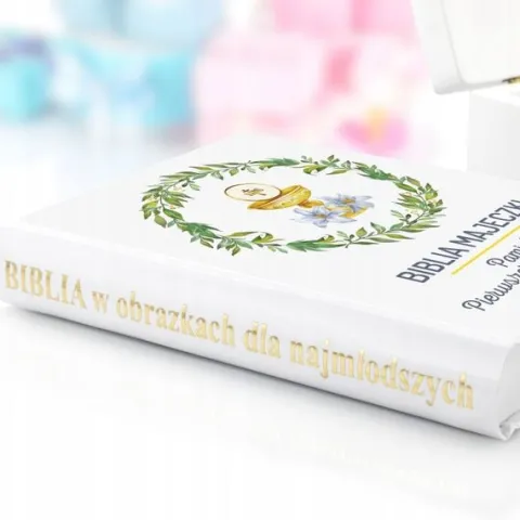 Biblia dla dziecka na prezent na KOMUNIĘ w drewnianej szkatułce+ NADRUK