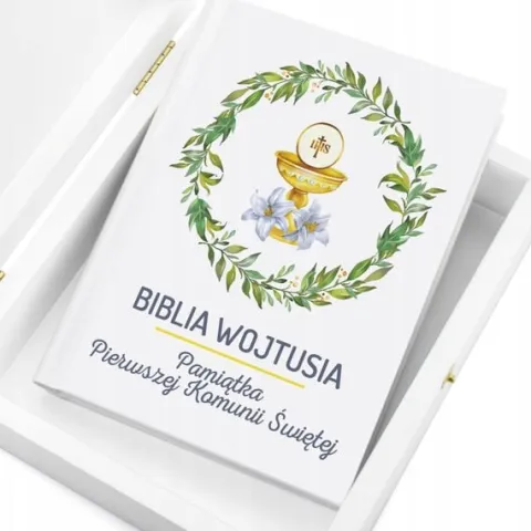 Biblia dla dziecka na prezent na KOMUNIĘ w drewnianej szkatułce+ NADRUK