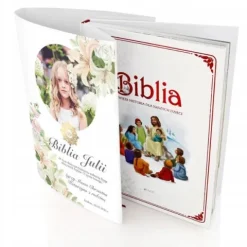 Biblia na KOMUNIĘ w szkatułce pamiątka Komunii dla dziewczynki +NADRUK