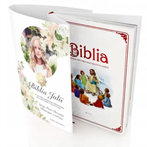 Biblia na KOMUNIĘ w szkatułce pamiątka Komunii dla dziewczynki +NADRUK