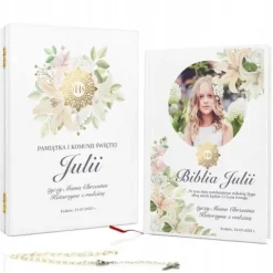 Biblia na KOMUNIĘ w szkatułce pamiątka Komunii dla dziewczynki +NADRUK