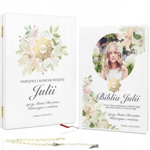 Biblia na KOMUNIĘ w szkatułce pamiątka Komunii dla dziewczynki +NADRUK