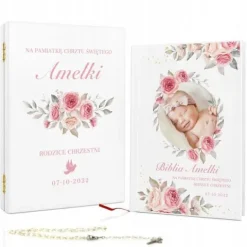 Biblia prezent na CHRZEST KOMUNIĘ w drewnianej szkatułce pamiątka + NADRUK