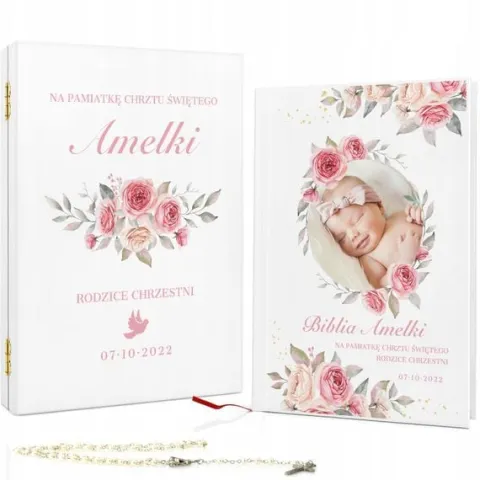 Biblia prezent na CHRZEST KOMUNIĘ w drewnianej szkatułce pamiątka + NADRUK