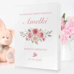 Biblia prezent na CHRZEST KOMUNIĘ w drewnianej szkatułce pamiątka + NADRUK