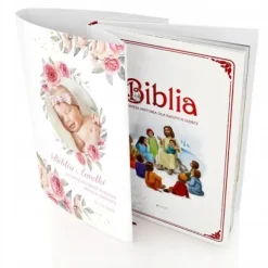 Biblia prezent na CHRZEST KOMUNIĘ w drewnianej szkatułce pamiątka + NADRUK