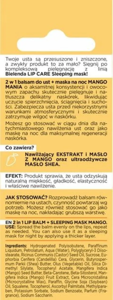 BIELENDA LIP CARE SLEEPING MASK BALSAM DO UST MASKA NA NOC 2W1 MANGO 10 G