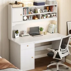 BIURKO KOMPUTEROWE BIAŁE LOFT POD LAPTOP KOMPUTER NOWOCZESNE Z 7 PÓŁKAMI