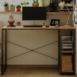 Biurko komputerowe stół loft jasny brąz nowoczesne z półkami industrialne