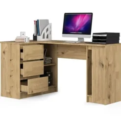 Biurko narożne B20 155 cm lewe - dąb artisan - 3 szuflady