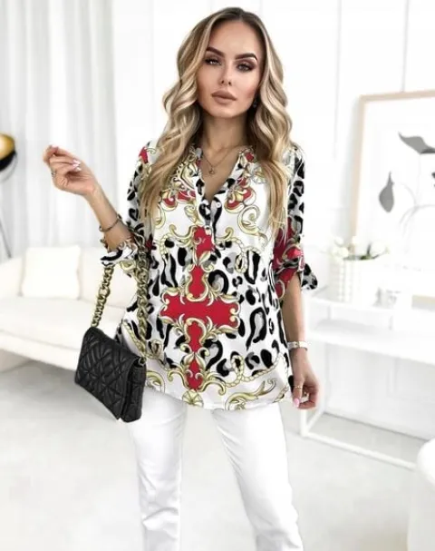 BLUZKA DAMSKA koszula luźna elegancka wzorzysta dekolt guziki