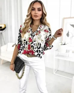 BLUZKA DAMSKA koszula luźna elegancka wzorzysta dekolt guziki