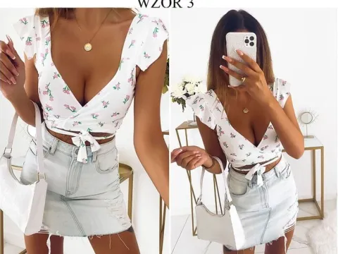 BLUZKA TOP MODNA STYLOWA KWIATY KOPERTOWY DEKOLT WIĄZANIE WZÓR 3 S/M BYSISI