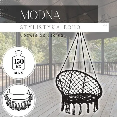 Bocianie gniazdo z frędzlami huśtawka ogrodowa czarna