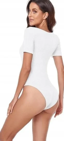 Body z Krótkim Rękawem Basic Prążkowane Białe Kwadratowy Dekolt L