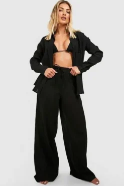 BOOHOO CZARNE LUŹNE SPODNIE PLAŻOWE TEKSTURA M9J NG2__S