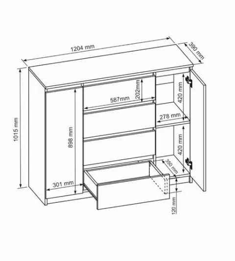 Czarna Komoda 120cm 4 Szuflady 2 Drzwi mat od producenta