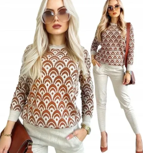 DRES DAMSKI KOMPLET dzianinowy wzorzysty modny stylowy