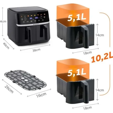 Duża frytkownica beztłuszczowa 10,2l Air fryer XL dwukomorowa Berdsen 1700W BD-657 czarna
