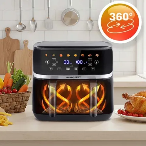 Duża frytkownica beztłuszczowa 10,2l Air fryer XL dwukomorowa Berdsen 1700W BD-657 czarna