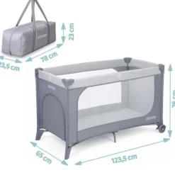 Łóżeczko turystyczne + materac + torba 123,5 x 64 x 76 cm RK-240 jasno szare