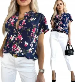 Elegancka BLUZKA DAMSKA luźna wygodna bawełniana modny print kwiaty