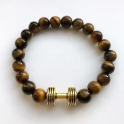 Fit Kolekcja - Bransoletka z koralików ze sztangielką old gold & tiger's eye 18 cm
